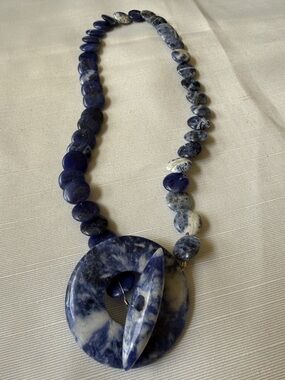 Natural Blue Sodalite stone Beaded  donut Pendant Necklace 17” long